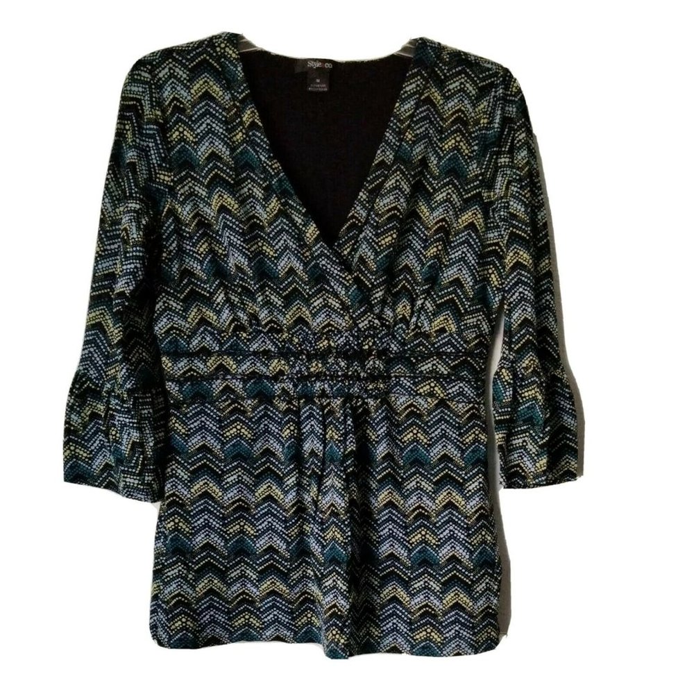 Style & Co Blouse Womens M Baby doll Lined Vneck 3/4 Bell sleeve smocked
